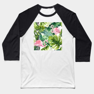 Watercolor Pink Flamingo + Tropical Foliage Pattern Baseball T-Shirt